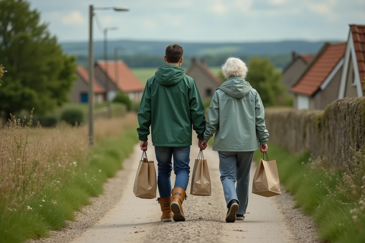 Jeune homme avec sacs à la campagne avec une personne âgée