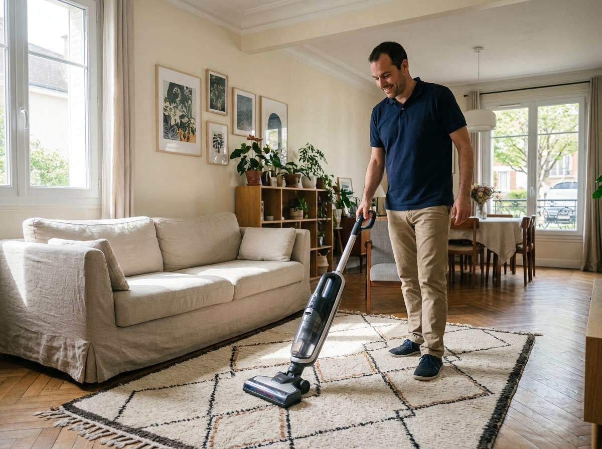 Agent d'entretien passant l'aspirateur dans un salon d'une maison à Issy-les-Moulineaux, service d'aide ménagère à domicile