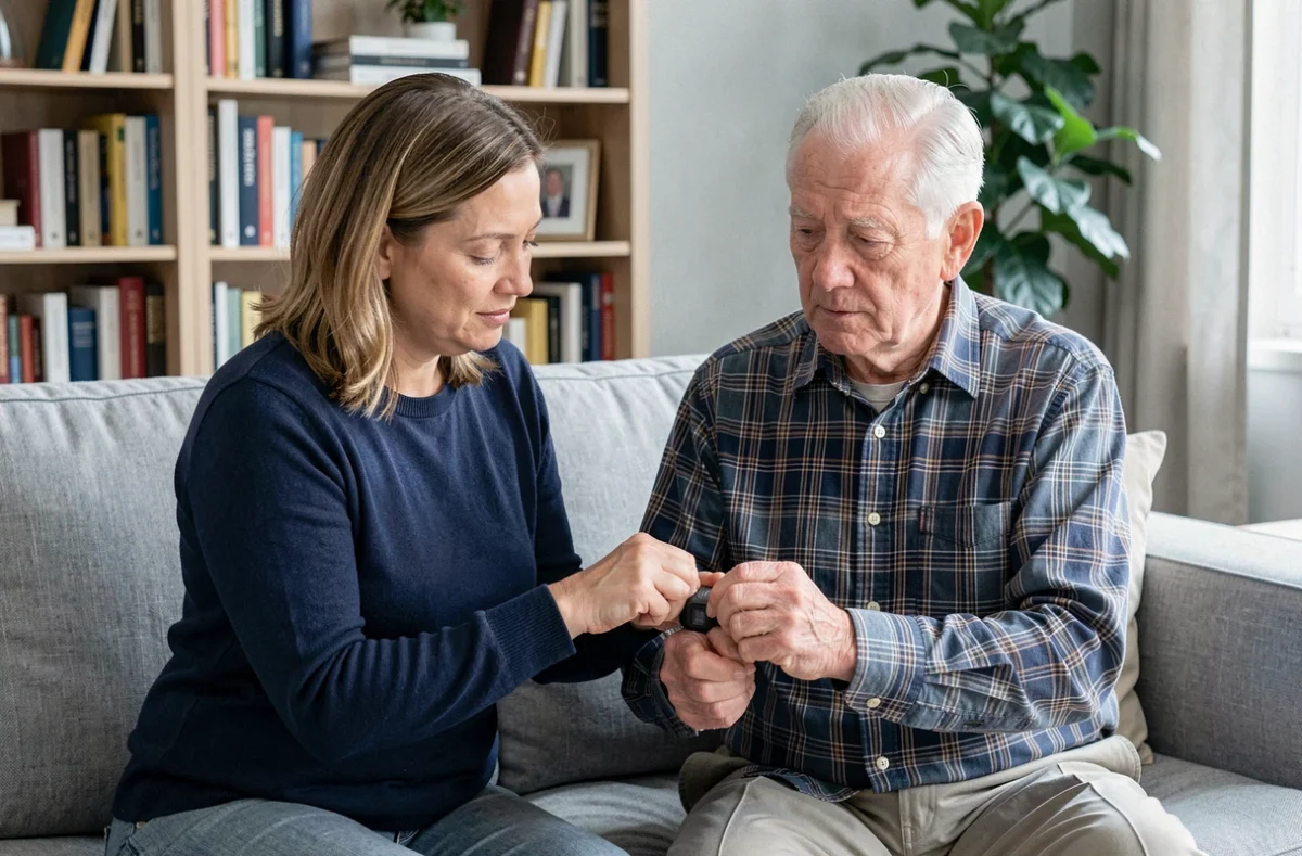 Fille aidant son père âgé à porter un bracelet anti-chute GPS pour personnes atteintes d'Alzheimer