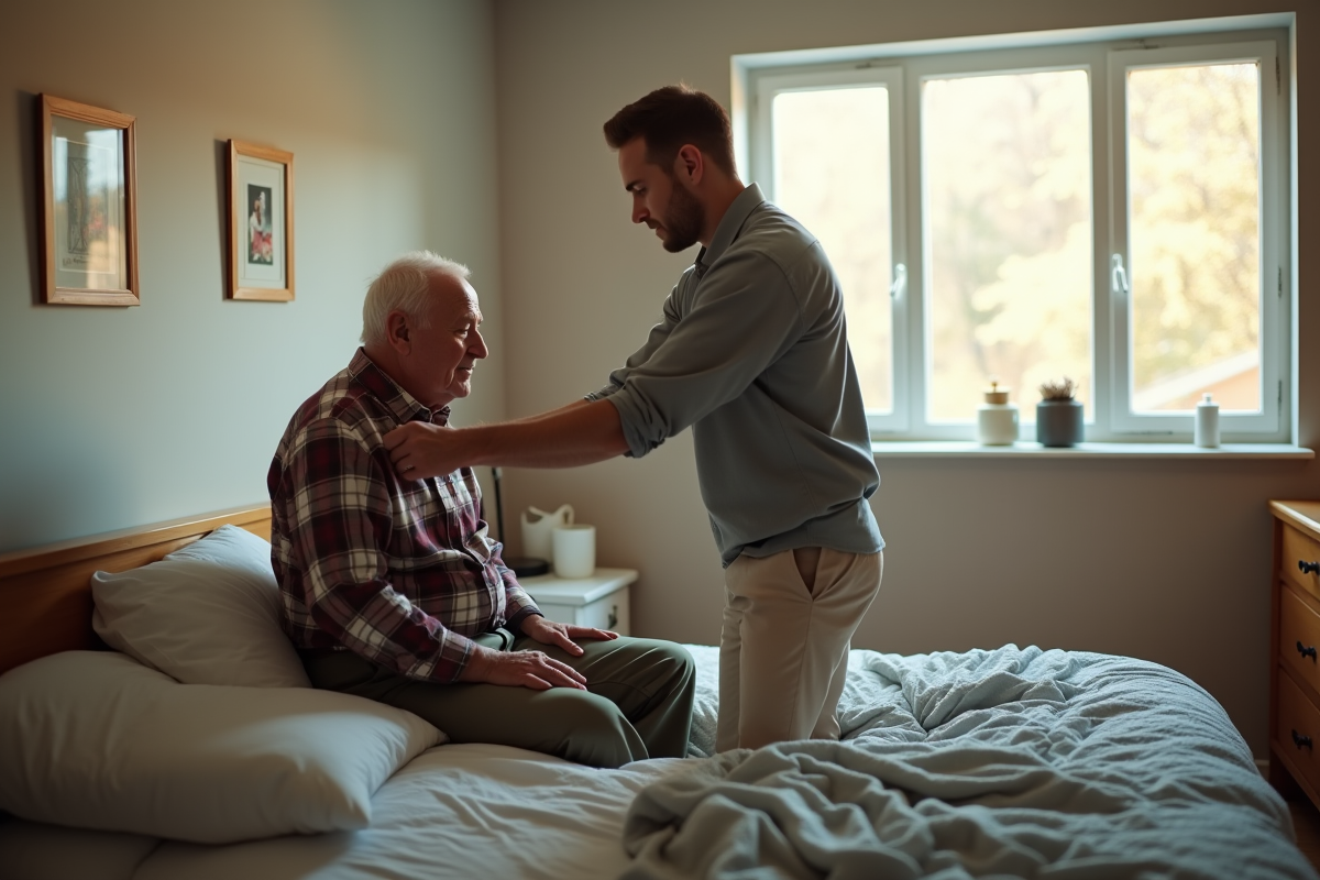 Un professionnel aide un homme âgé à se préparer dans la chambre
