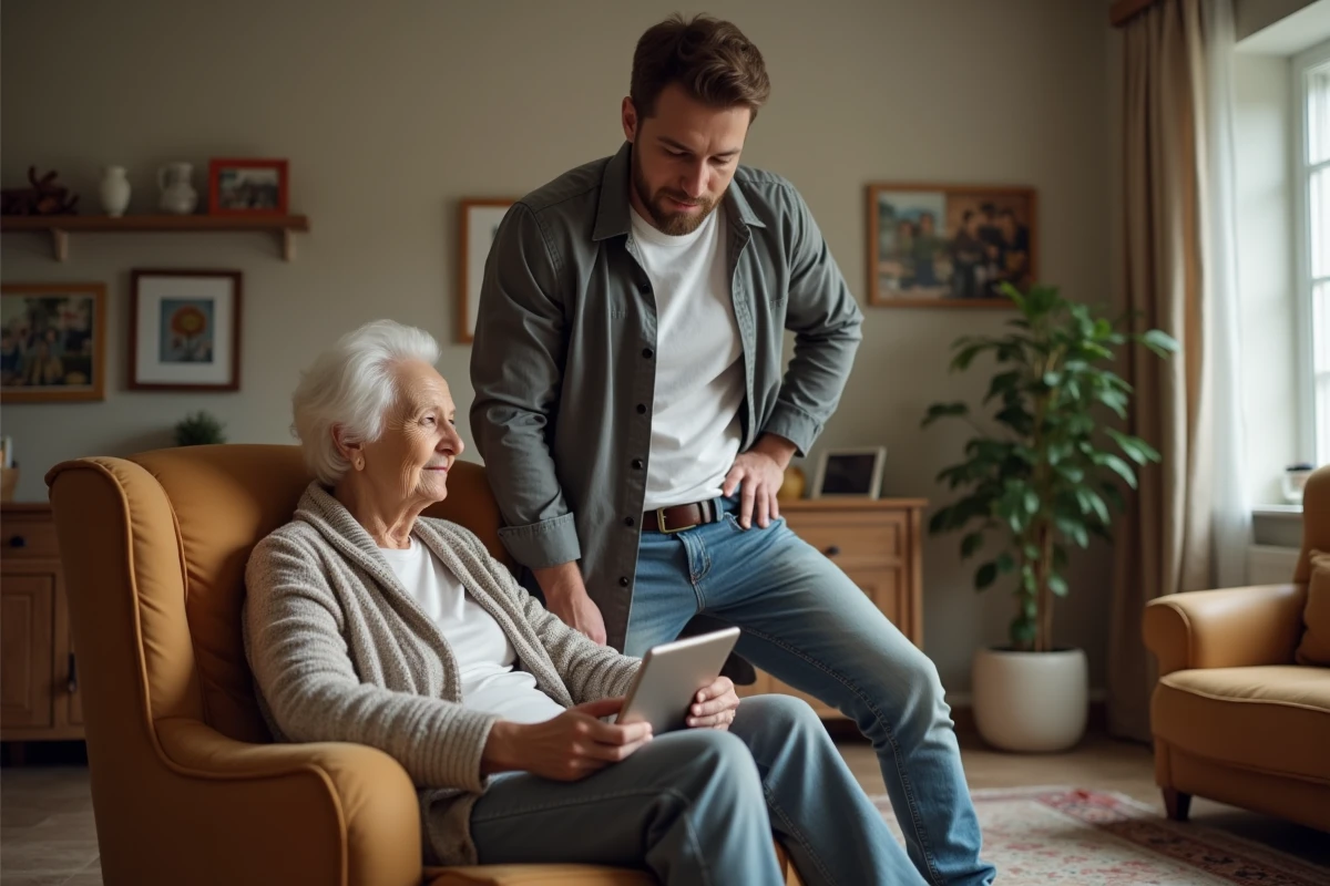 Aide à domicile ADMR accompagnant une personne âgée avec une tablette numérique pour la saisie Philia à domicile