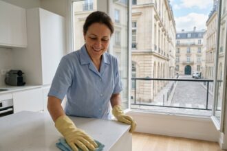 Aide ménagère professionnelle en uniforme bleu nettoyant le plan de travail d'une cuisine moderne dans un appartement d'Issy-les-Moulineaux