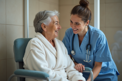 Aide d'une femme en uniforme bleu à une personne âgée dans la salle de bain