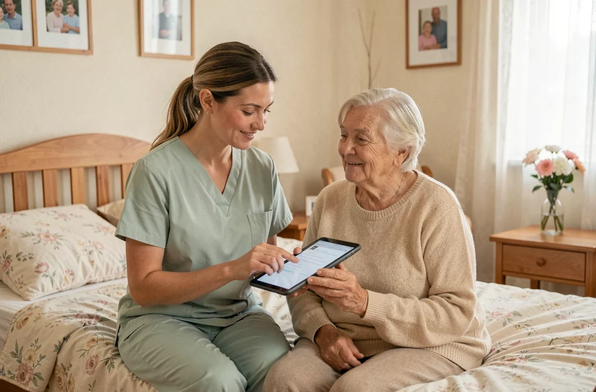 Aide-soignante saisissant des données de soins sur tablette numérique auprès d'une résidente âgée en EHPAD