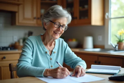 Aide-soignante retraitée consultant ses documents de pension à la table de sa cuisine