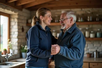 Aide-soignante aidant un senior dans une cuisine rurale