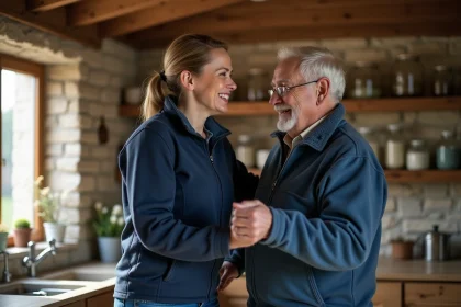 Aide-soignante aidant un senior dans une cuisine rurale
