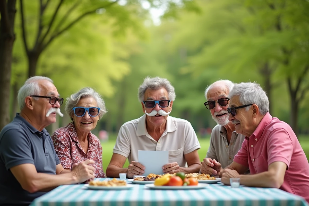 Groupe d amis riant avec accessoires lors d un pique-nique au parc