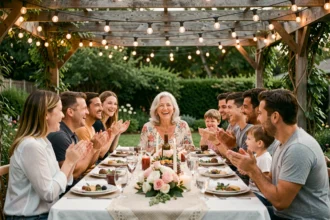 Fête d'anniversaire 70 ans en plein air avec toute la famille réunie autour d'une grande table décorée, petits-enfants inclus