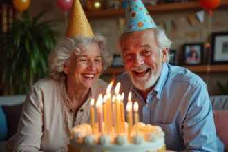 Femme et homme souriants soufflant les bougies du gâteau d anniversaire