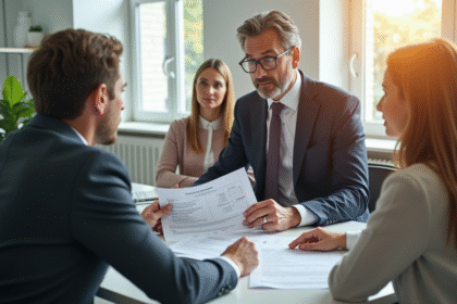 Avocat sérieux expliquant documents financiers à une famille