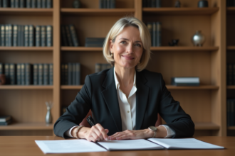 Avocate en costume professionnel examine documents juridiques