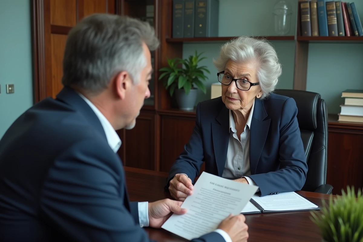 Bailleur et locataire âgée examinant ensemble un document juridique dans un bureau de notaire, illustrant les négociations liées au logement d'un senior de plus de 80 ans