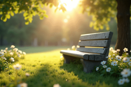 Banc de memoire en plein air entouré de fleurs en pleine floraison