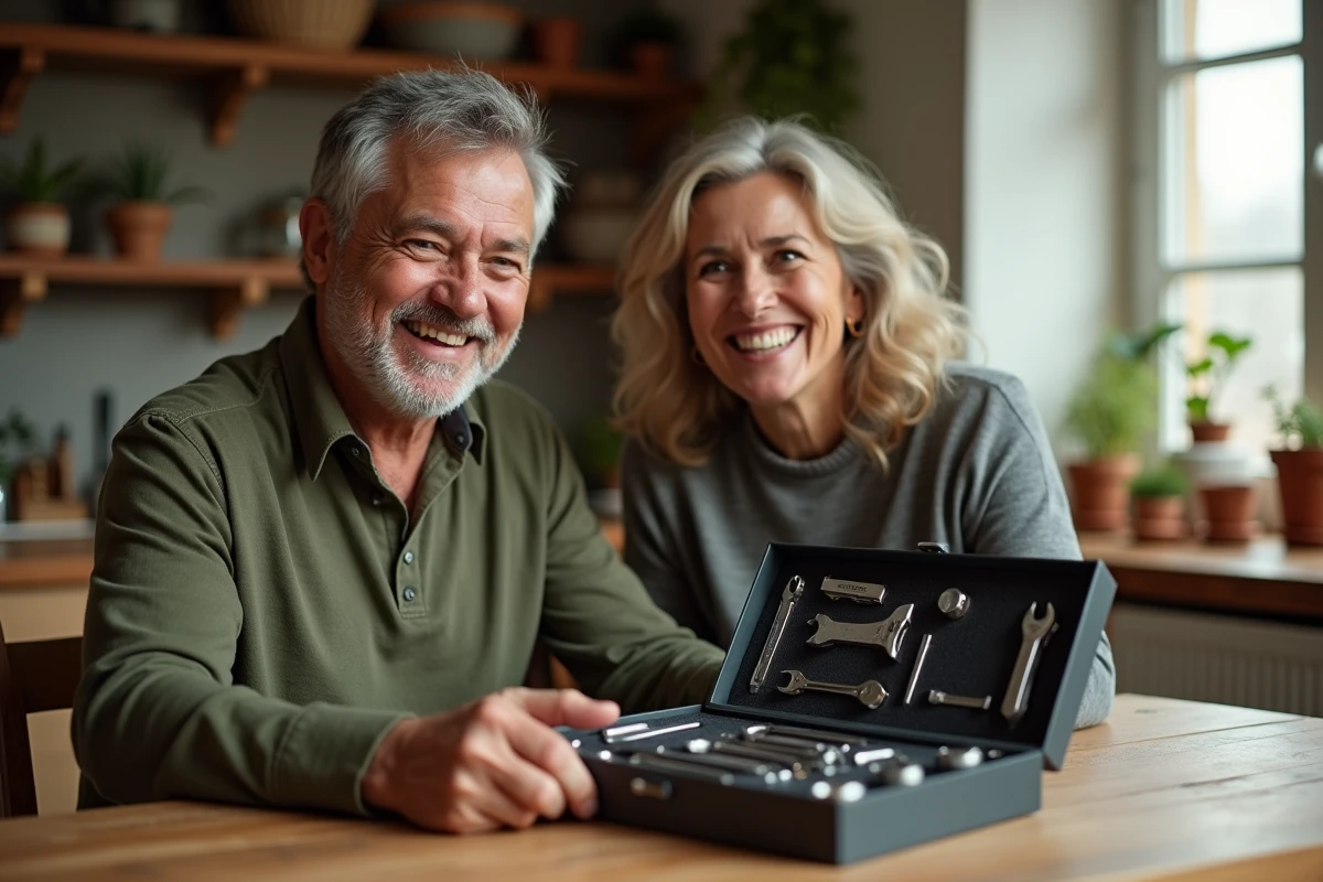 Homme de 60 ans souriant déballant un coffret d'outils multifonctions en cadeau entouré de sa famille