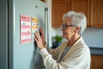 Femme âgée utilisant un calendrier magnétique sur son réfrigérateur pour s'orienter dans le temps au quotidien