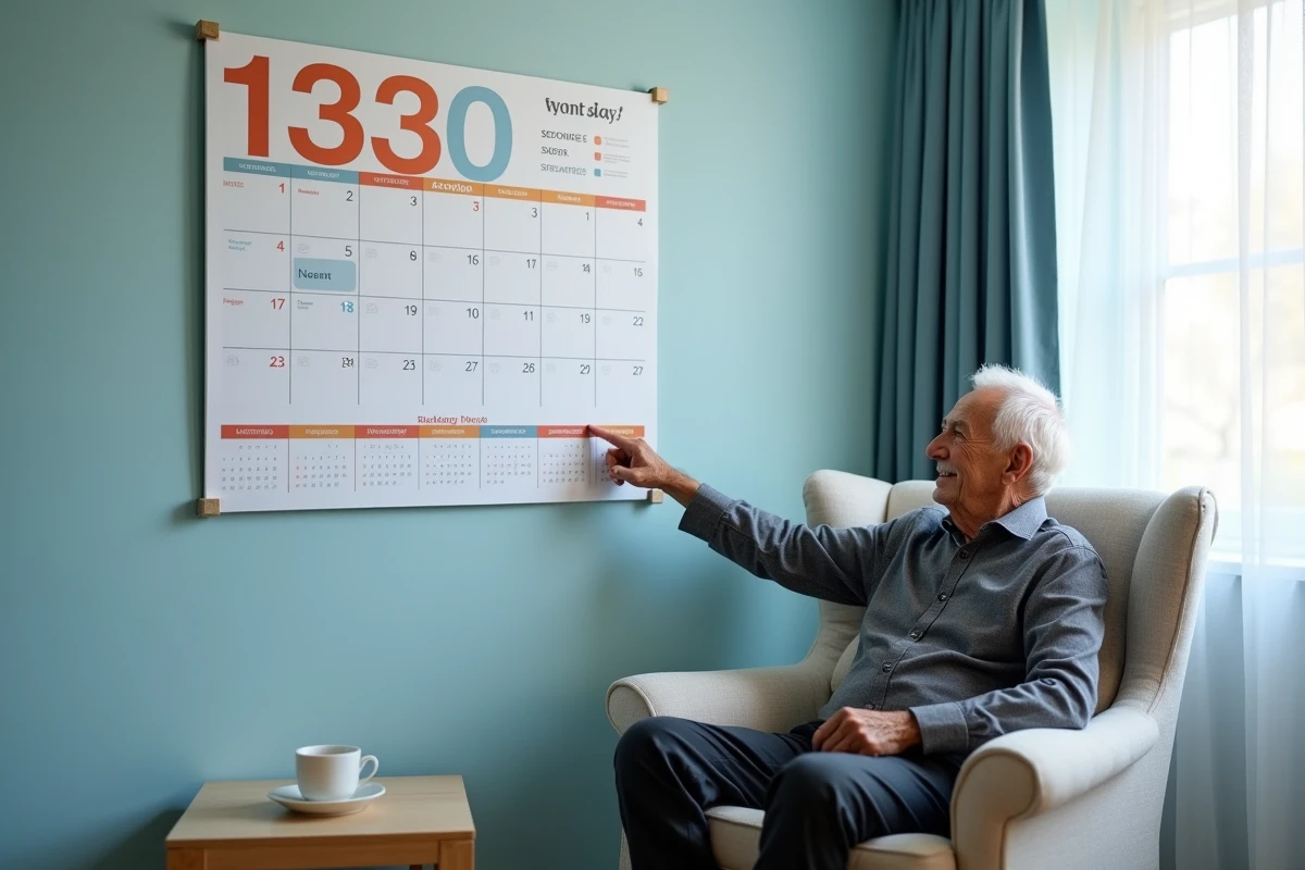 Homme âgé consultant un grand calendrier mural orientant dans le temps dans son salon aménagé pour le bien-être cognitif
