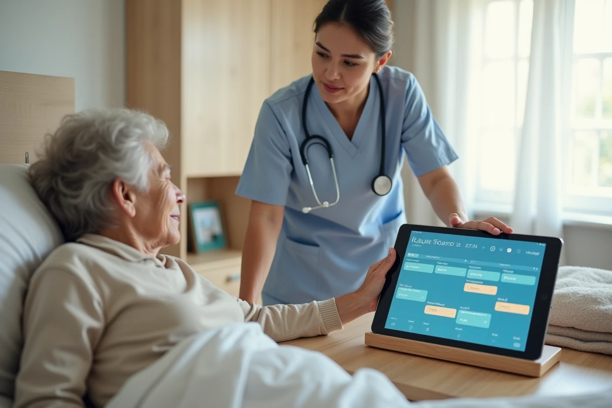 Aide-soignante présentant un calendrier numérique sur tablette à une personne âgée désorientée dans sa chambre