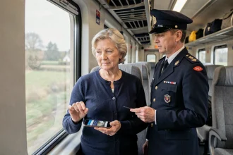 Passagère senior montrant sa carte SNCF dématérialisée sur smartphone à un contrôleur dans un train