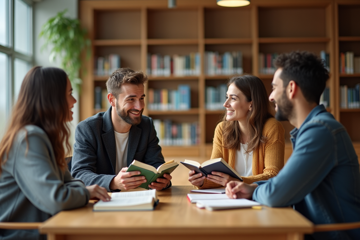 Groupe de quatre personnes discutant dans une bibliothèque
