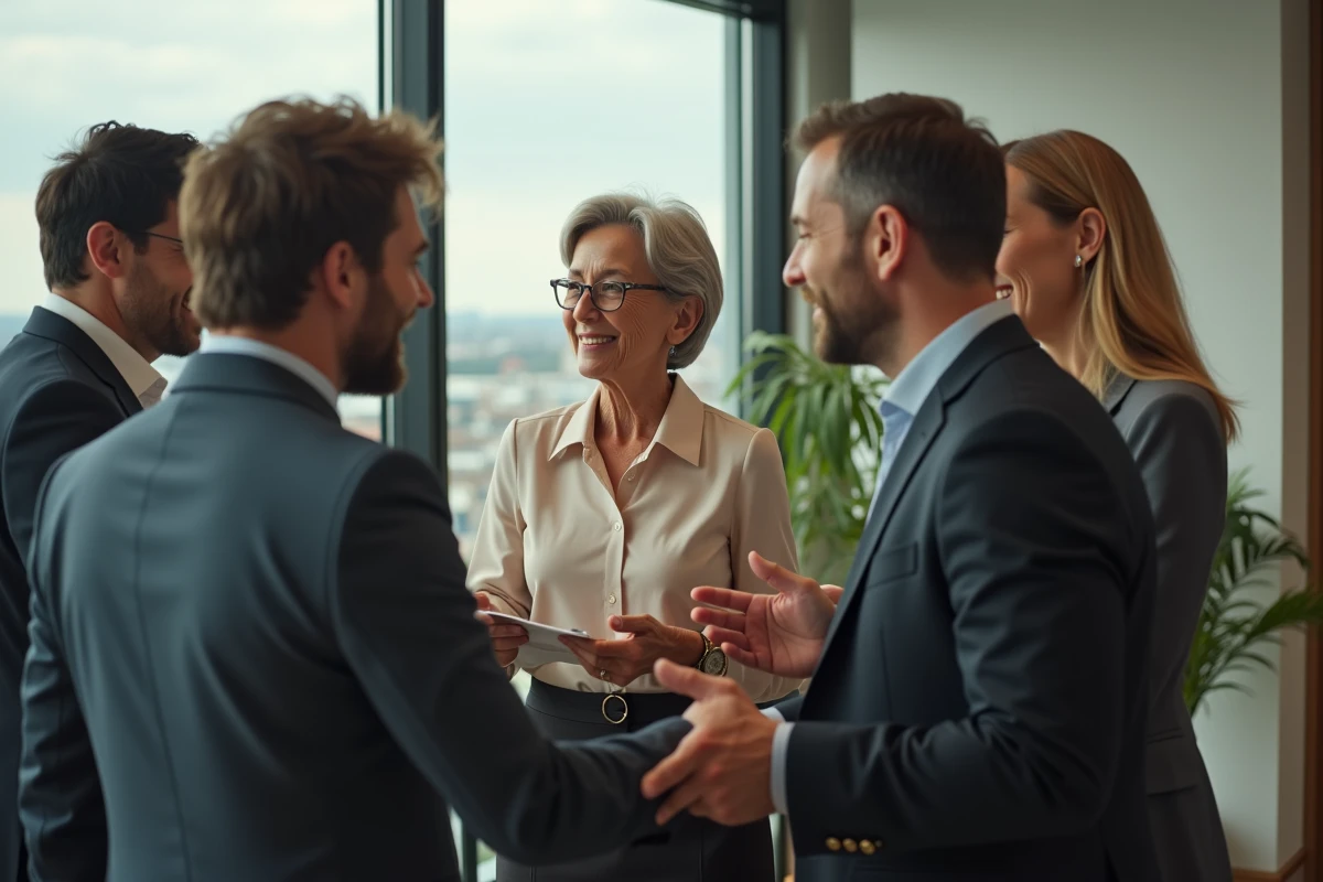 Collegues entourant une femme retraitée dans une salle moderne