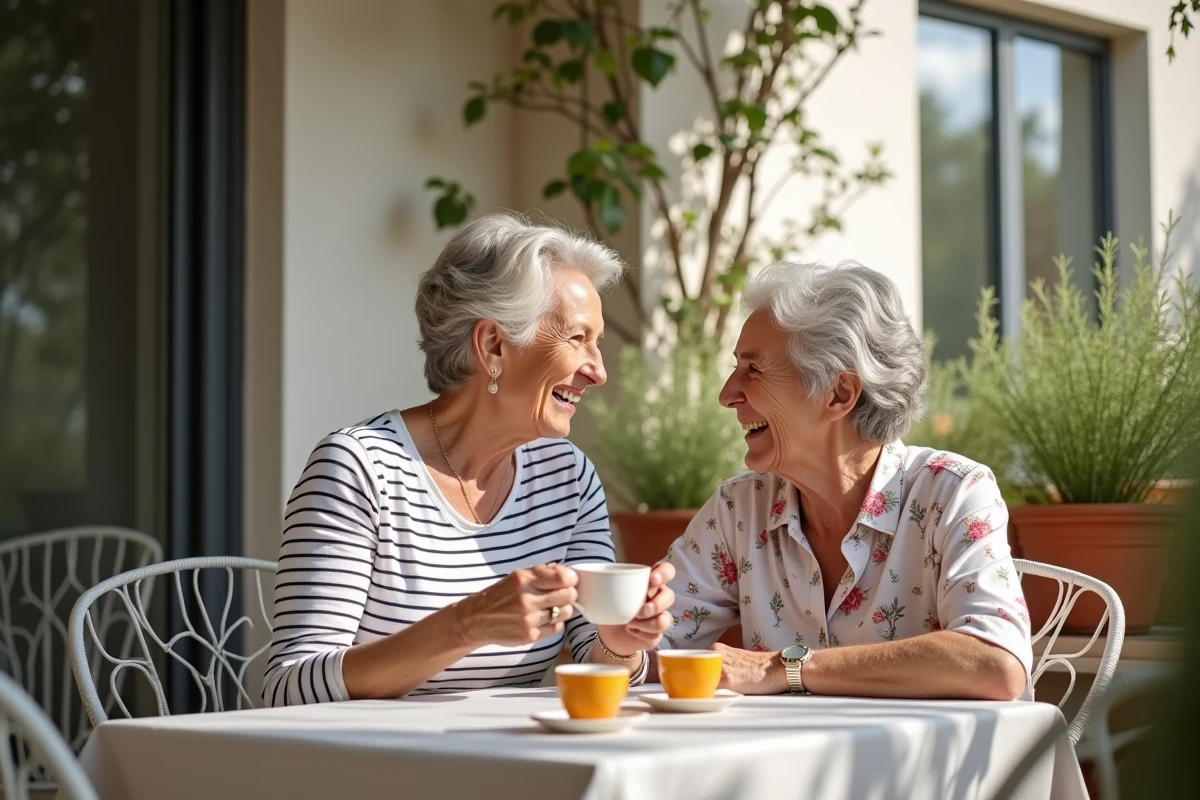 Deux femmes seniors partageant un moment convivial sur la terrasse d'une résidence colocation senior dans la région de Nîmes.