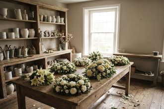 Présentation de différentes compositions florales funéraires dans un atelier de fleuriste, avec couronnes, gerbes et coussins de fleurs blanches et vertes disposés sur une table en bois.