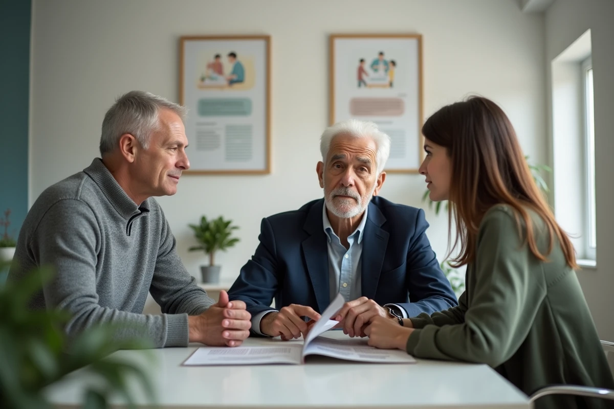 Famille accompagnant un senior lors d'un rendez-vous avec un conseiller pour l'aide au financement d'une maison de retraite