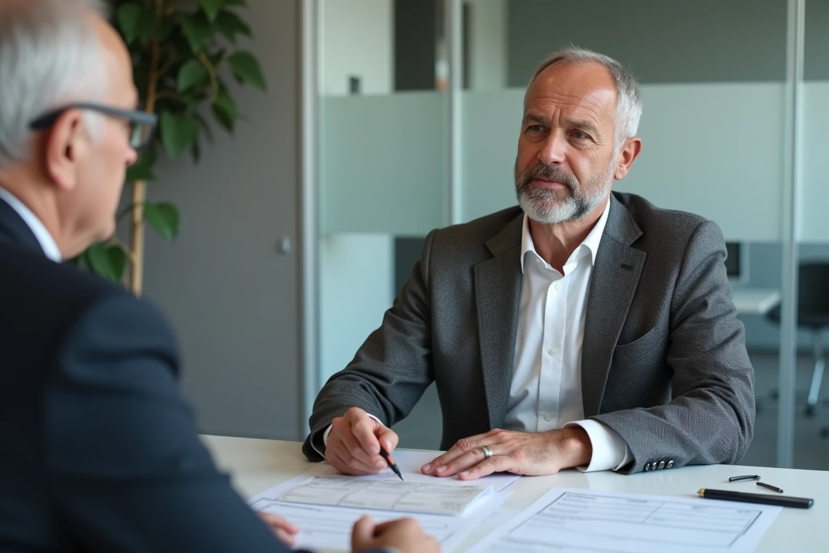 Conseiller financier expliquant la revalorisation des retraites complémentaire et de base à un client retraité en rendez-vous
