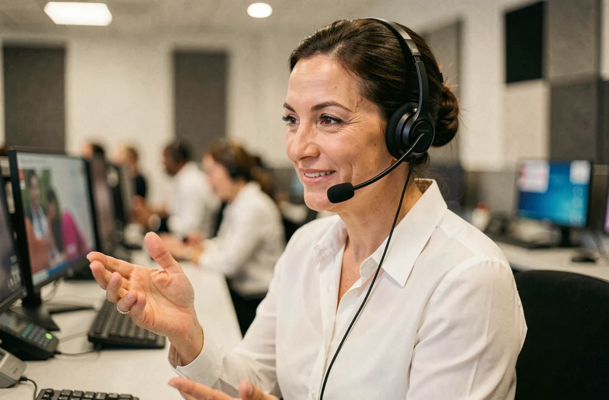 Conseillère du service client de la CNAV répondant aux appels téléphoniques dans un centre de contact