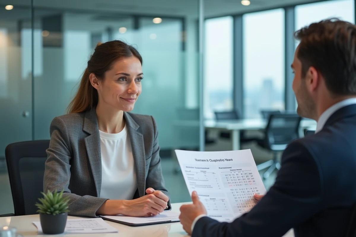 Femme en consultation avec un conseiller retraite dans un bureau moderne pour le rachat de trimestres d'études
