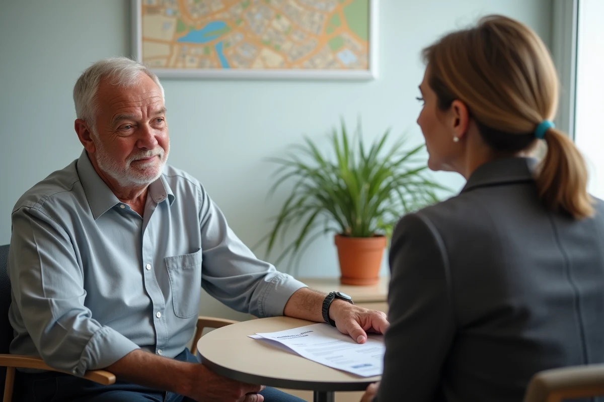 Senior homme en consultation avec une conseillère spécialisée dans les solutions de logement pour personnes âgées à Nîmes.