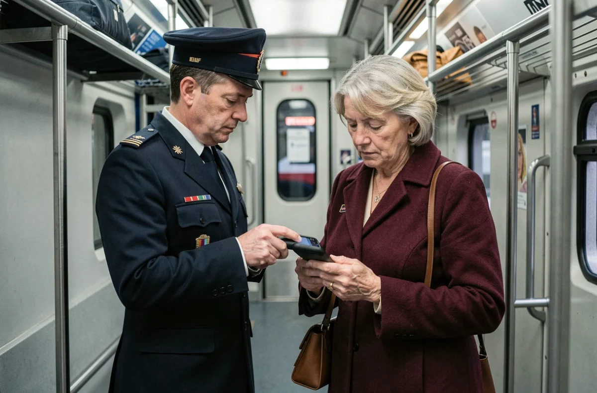 Contrôleur SNCF vérifiant la carte senior dématérialisée d'une passagère dans le couloir d'un train