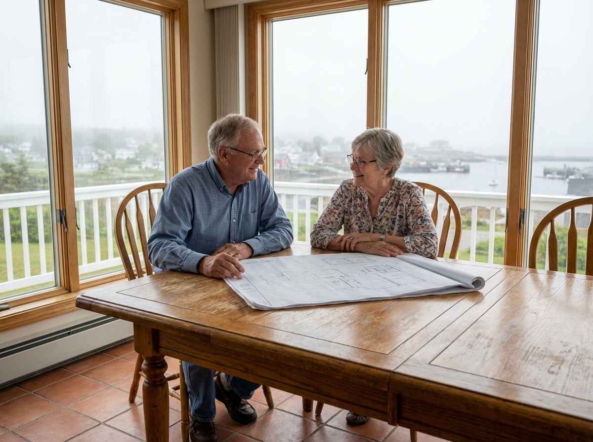 Couple agee examinant des plans d architecture dans une serre lumineuse
