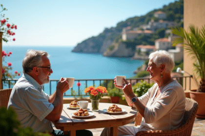 Couple retraité profitant d'un café en terrasse en Méditerranée