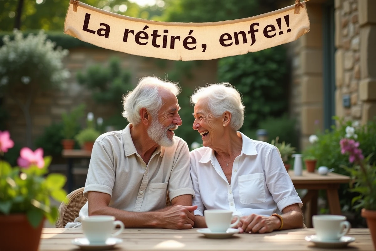 Couple de retraités heureux sur une terrasse ensoleillée devant une banderole humoristique célébrant leur départ à la retraite