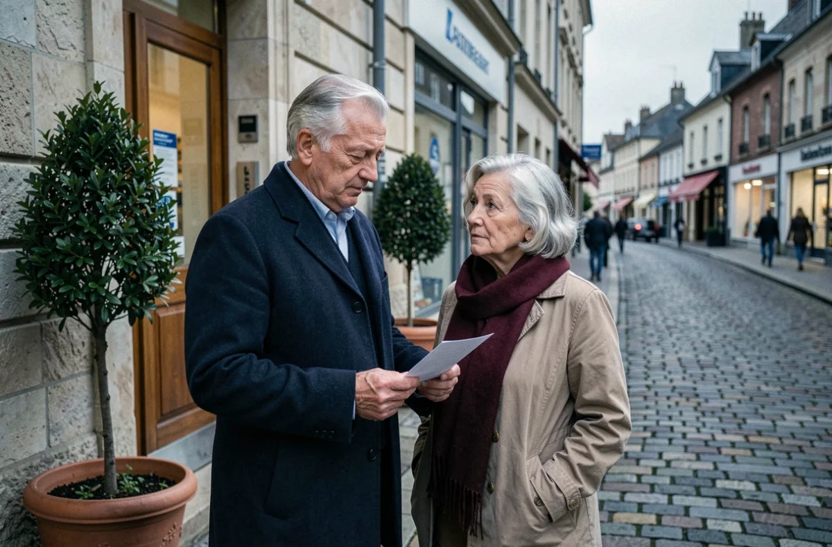 Couple de retraités devant une agence bancaire tenant un courrier relatif à leur retraite complémentaire