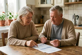 Couple de retraités consultant des documents de revalorisation des retraites Agirc-Arrco à leur table de cuisine