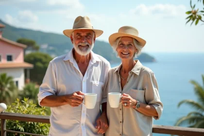 Couple retraité en terrasse méditerranéenne ensoleillée