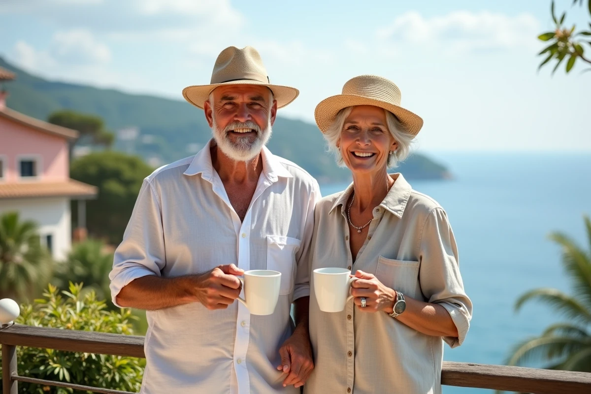 Couple retraité en terrasse méditerranéenne ensoleillée