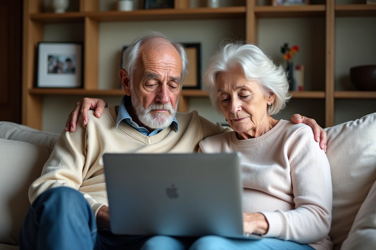 Couple de retraités consultant un simulateur de revalorisation des pensions sur un ordinateur portable au salon