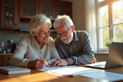 Couple senior souriant avec documents et ordinateur