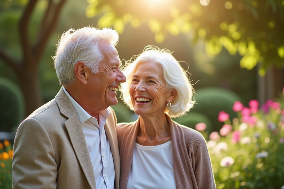 Couple senior riant dans un jardin ensoleille