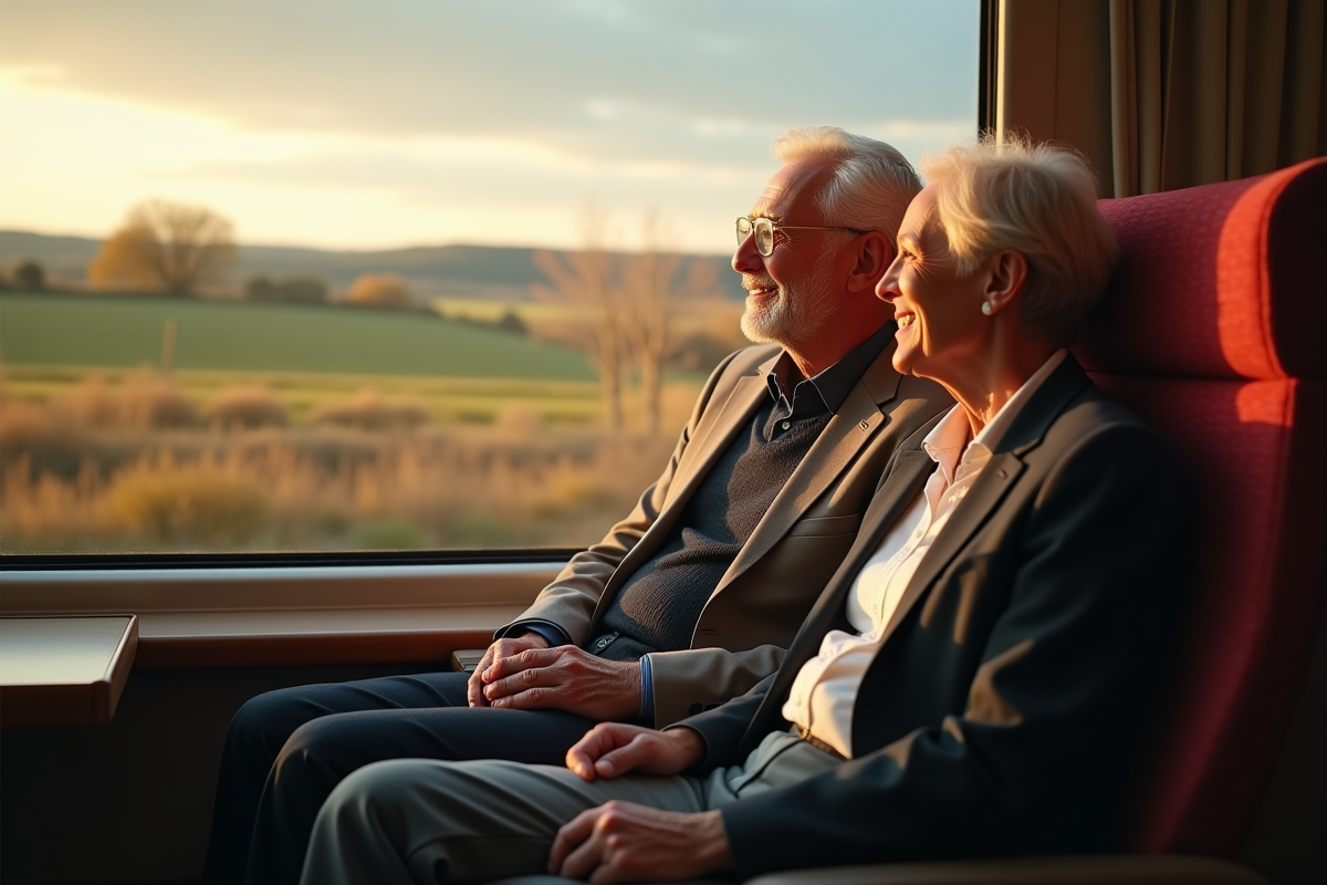 Couple senior dans un train moderne regardant la campagne