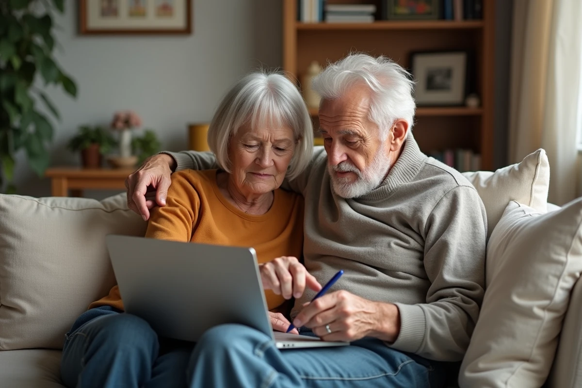 Couple de retraités seniors consultant en ligne leurs avantages et droits retraite après 65 ans sur un ordinateur portable dans leur salon