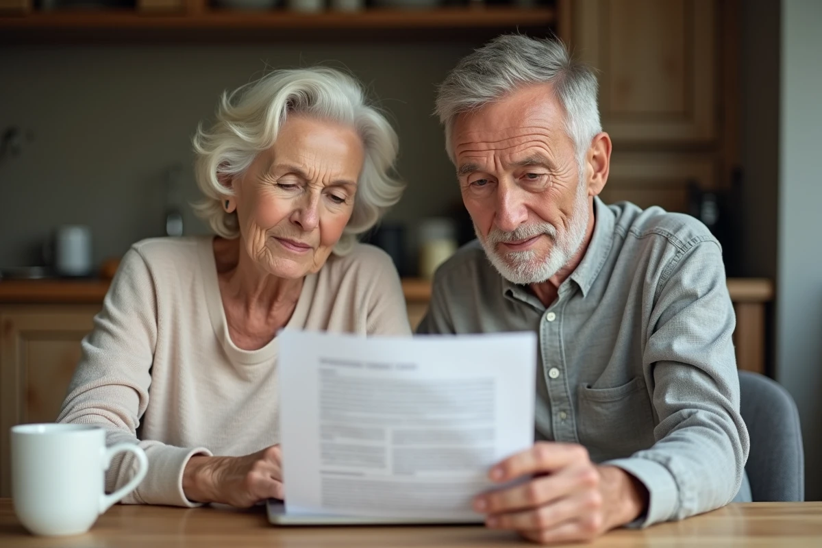 Couple de seniors lisant des informations sur le macaron S obligatoire à la table de leur cuisine