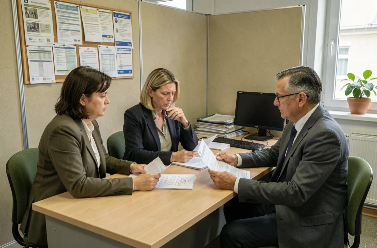 Couple en situation de temps partiel discutant du plafond AAH avec un conseiller dans un bureau d'aide sociale