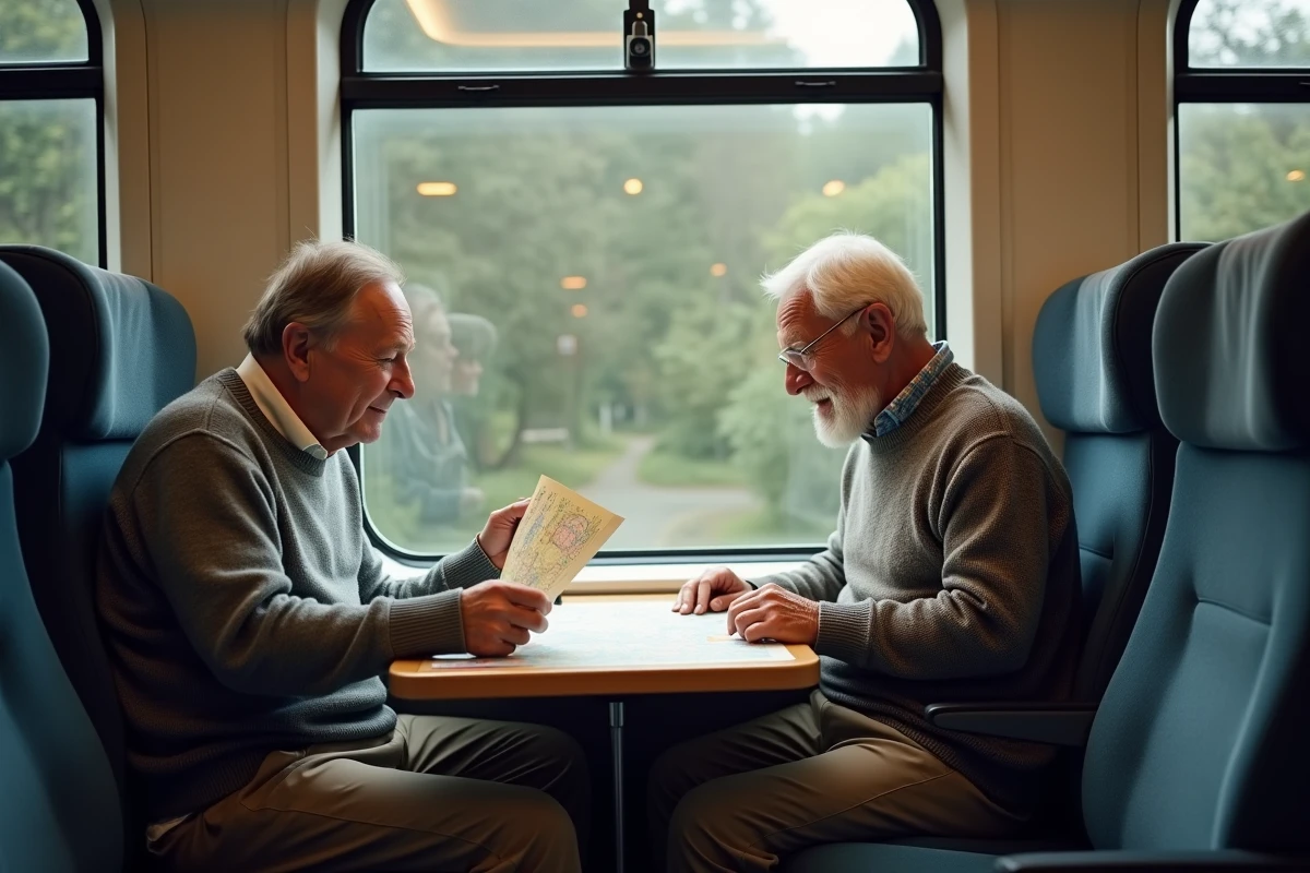 Couple senior partageant une carte dans le train