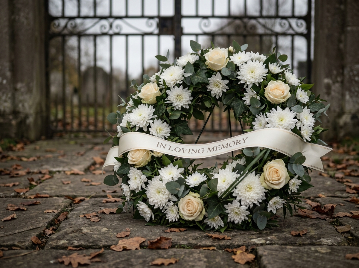Couronne de deuil ronde composée de chrysanthèmes blancs et de roses pâles avec un ruban de condoléances, posée sur une pierre grise près d'une entrée de cimetière.