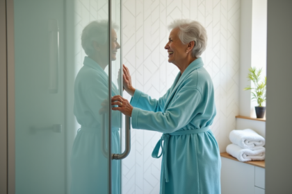 Femme senior souriante près d'une douche moderne accessible